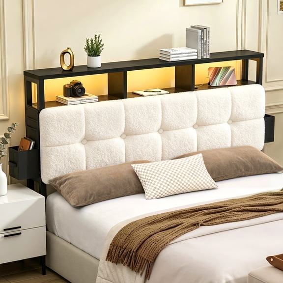 Pinmoco Tufted Upholstered Headboard for Full Bed with Storage, Charging Station & LED Light, Beige Teddy Velvet, Headboard Only
