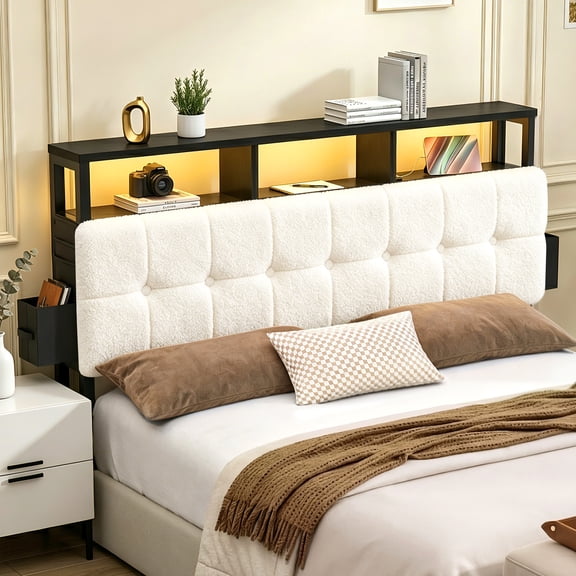 Pinmoco Tufted Upholstered Headboard for King Bed with Storage, Charging Station & LED Light, Beige Teddy Velvet, Headboard Only