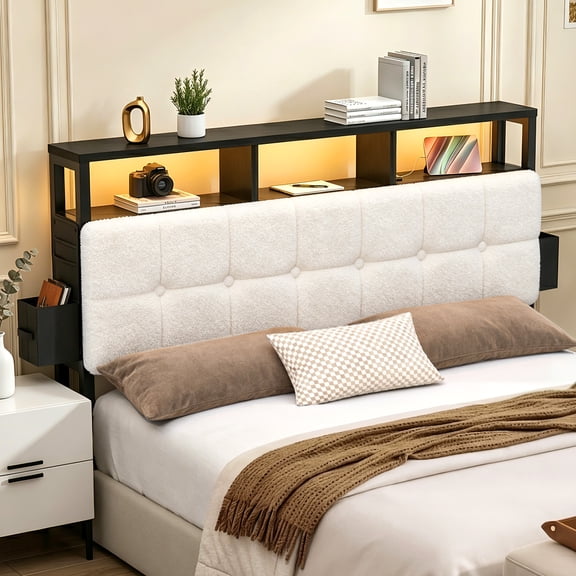 Pinmoco Tufted Upholstered Headboard for Queen Bed with Storage, Charging Station & LED Light, Beige Teddy Velvet, Headboard Only