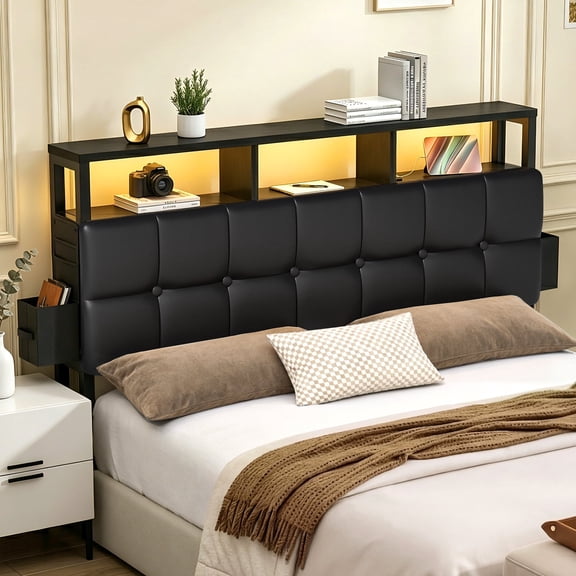 Pinmoco Tufted Upholstered Headboard for Queen Bed with Storage, Charging Station & LED Light, Black PU Leather, Headboard Only