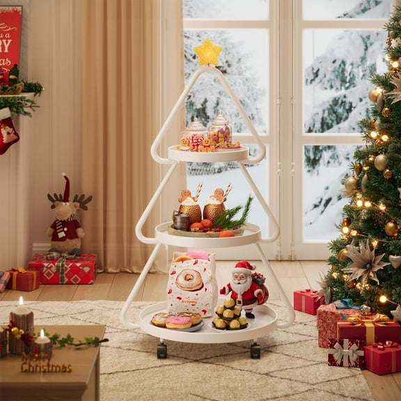 Pinmoco Christmas Tree Rolling Storage Cart, 3-Tier Metal Stand For Snacks Cupcakes & Desserts, Modern Sofa End Table for Party Holiday Festival, White