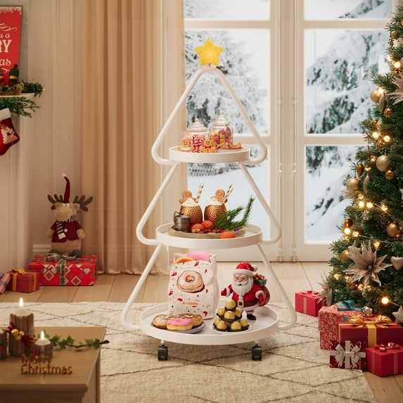 Pinmoco Christmas Tree Rolling Storage Cart, 3-Tier Metal Stand For Snacks Cupcakes & Desserts, Modern Sofa End Table for Party Holiday Festival, White