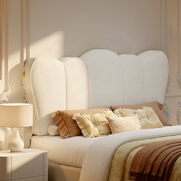 Pinmoco Queen Upholstered Headboard with Adjustable Height, Crown-Shaped Chenille Fabric Head Board, Starry Beige