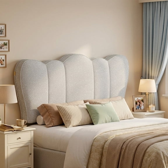 Pinmoco Upholstered Headboard for Queen Bed, Soft Chenille Fabric Crown-Shaped Head Board with Adjustable Height Metal Legs, Starry Gray