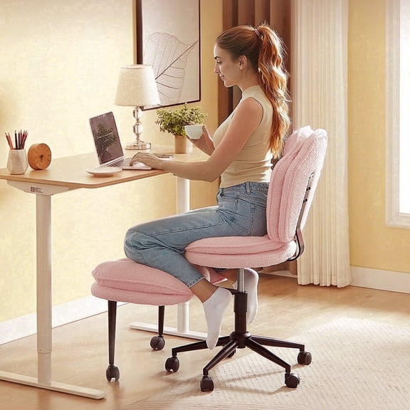 Pinmoco Criss Cross Chair, Armless Pink Sherpa Office Chair with Wheels, Ergonomic Wide Seat Cross Legged Swivel Desk Chair, Modern Vanity Chair for Teens & Adults