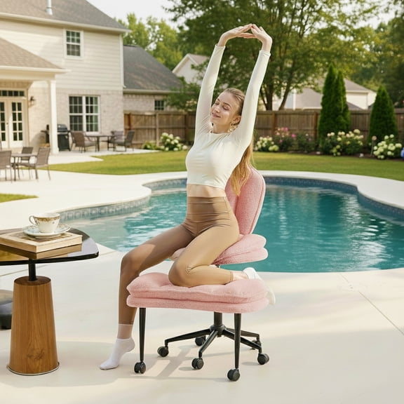 Pinmoco Ergonomic Cross Legged Office Chair, Extra Wide Seat Height Adjustable for Meditation & ADHD Chair, Cloud Comfort Pet-Friendly Desk Chair with Full Lumbar Support, Pink