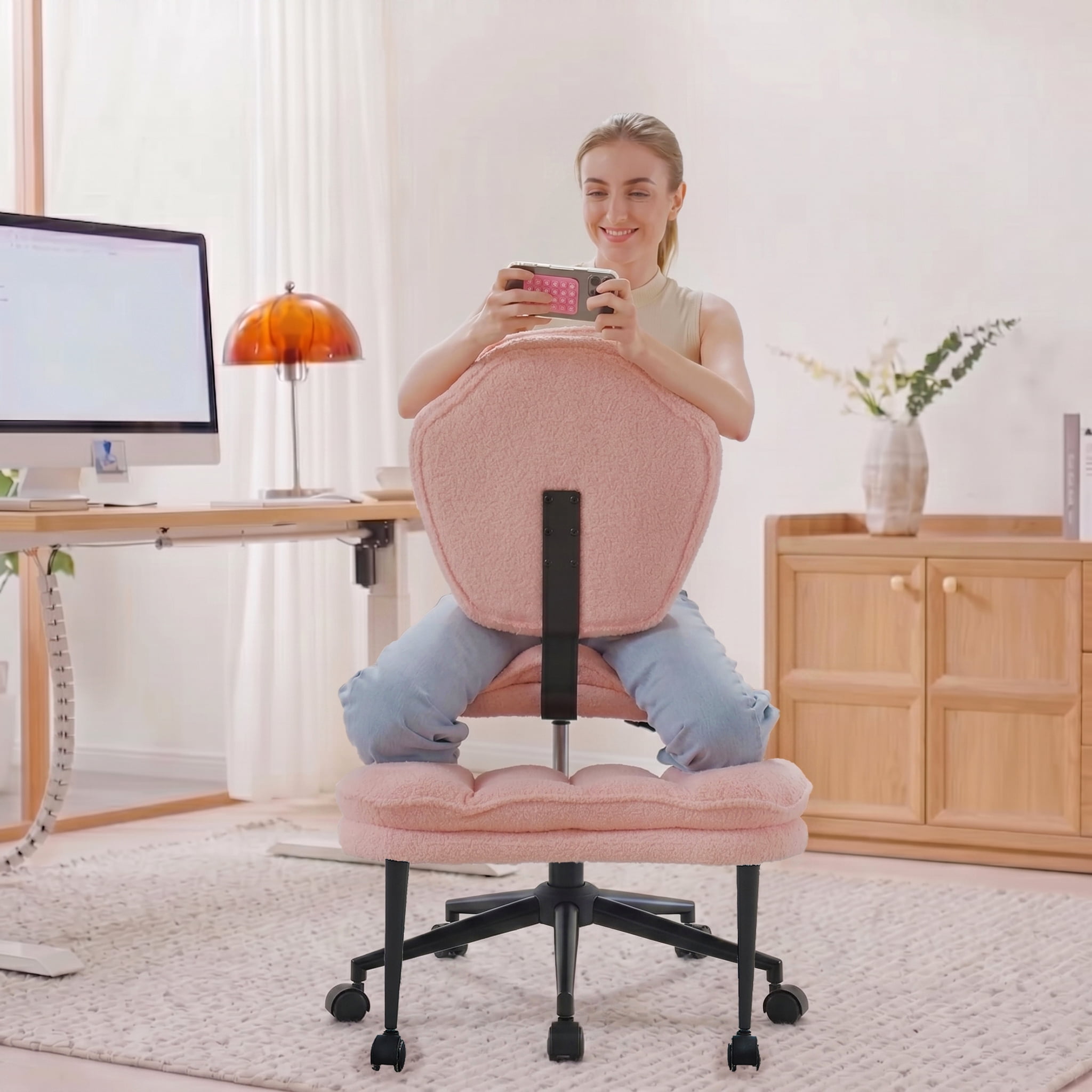 Pinmoco Cloud-Style Cross Legged Office Chair, Kneeling & Criss Cross Swivel Desk Chair with Full Lumbar Support, 360° Rotating Footrest, Ergonomic ADHD Meditation Yoga Chair for Home Office, Pink