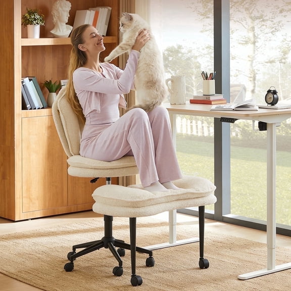 Pinmoco Cross Legged Office Chair, White Boucle Ergonomic Criss Cross Swivel Desk Chair, Heavy Duty Wide Seat for Meditation & ADHD, Armless