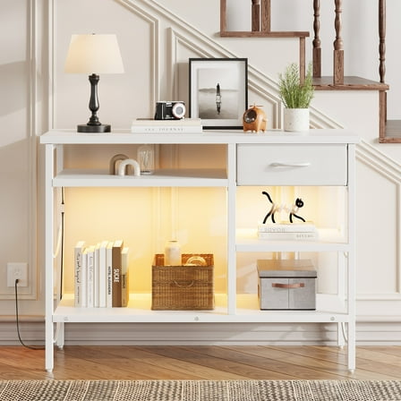 Pinmoco 42" Narrow Console Table with 5-Tier Storage Shelves and Fabric Drawer, Entryway Table Sofa Table with RGB LED Light for Living Room, Foyer, Hallway, White