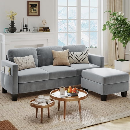 Pinmoco Velvet Sectional Sofa Couch, 3 Seat Convertible L-Shaped Sofa with Movable Storage Ottoman and Side Pockets for Living Room Office Apartment Studio, Gray