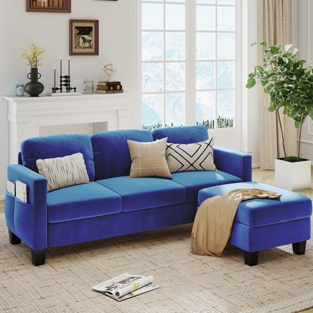 Pinmoco Velvet Sectional Sofa Couch, 3 Seat Convertible L-Shaped Sofa with Movable Storage Ottoman and Side Pockets for Living Room Office Apartment Studio, Blue
