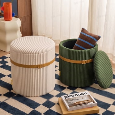 Pinmoco Corduroy Round Storage Ottoman Set of 2, Upholstered Vanity Stool, Foot Stool with Decorative Strap for Living Room Bedroom, Olive Green & Beige