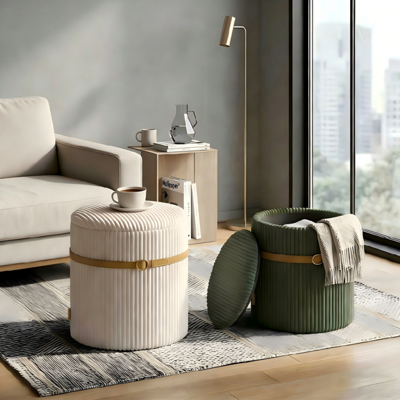 Pinmoco Corduroy Round Storage Ottoman Set of 2, Upholstered Vanity Stool, Foot Stool with Decorative Strap for Living Room Bedroom, Olive Green & Beige