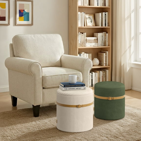 Pinmoco Corduroy Round Ottoman with Storage Set of 2, Upholstered Footstool Vanity Stool with Decorative Ribbon, Versatile Seating & Footrest for Living Room, Bedroom, Olive Green & Beige