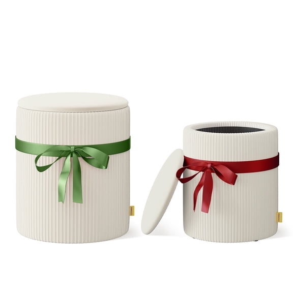 Pinmoco Corduroy Round Ottoman with Storage Set of 2, Upholstered Footstool Vanity Stool with Decorative Ribbon, Versatile Seating & Footrest for Living Room, Bedroom, Beige