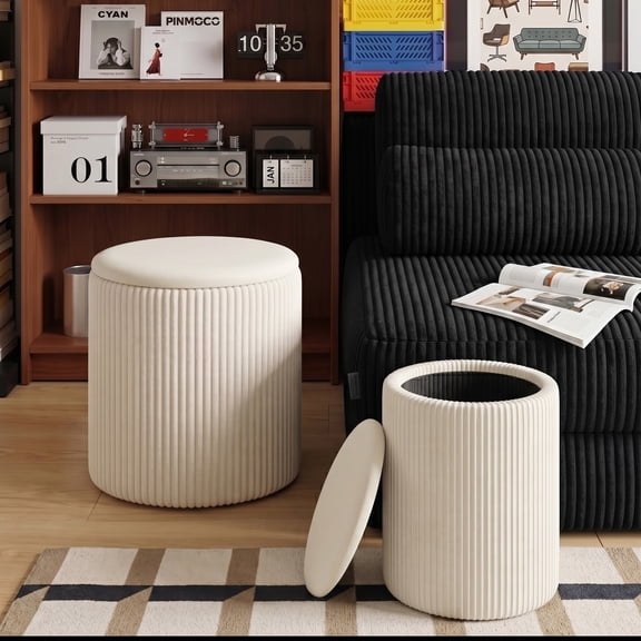 Pinmoco Corduroy Round Storage Ottoman Set of 2, Upholstered Vanity Stool, Foot Stool with Decorative Ribbon for Living Room Bedroom, Beige