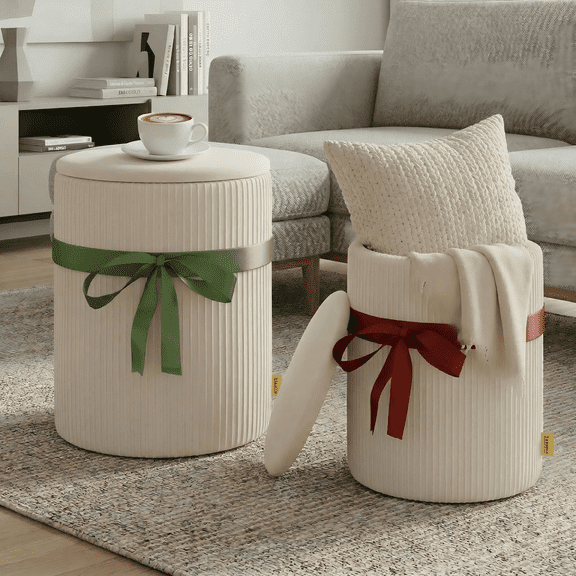 Pinmoco Corduroy Round Storage Ottoman Set of 2, Upholstered Vanity Stool, Foot Stool with Decorative Ribbon for Living Room Bedroom, Beige