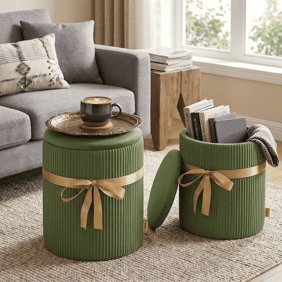 Pinmoco Corduroy Round Storage Ottoman Set of 2, Upholstered Vanity Stool, Foot Stool with Decorative Ribbon for Living Room Bedroom, Olive Green