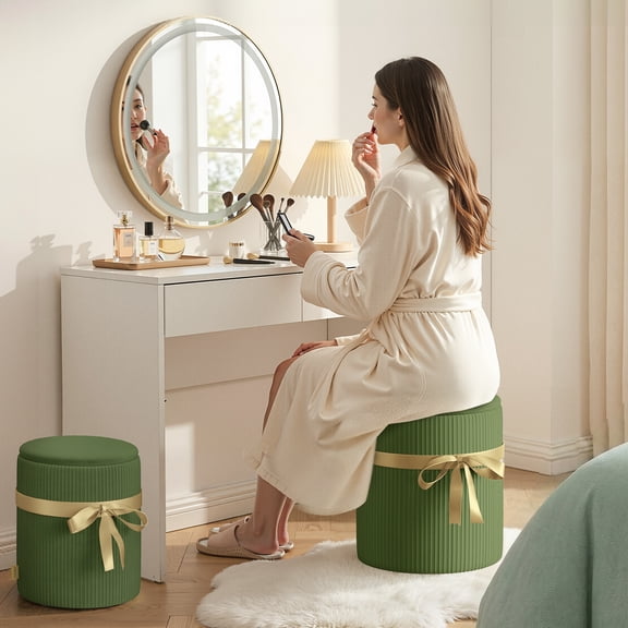 Pinmoco Corduroy Round Storage Ottoman Set of 2 Upholstered Foot Stool Vanity Stool with Decorative Ribbon for Living Room Bedroom Olive Green