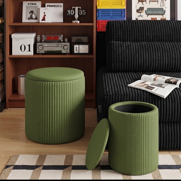 Pinmoco Corduroy Round Storage Ottoman Set of 2, Upholstered Vanity Stool, Foot Stool with Decorative Ribbon for Living Room Bedroom, Olive Green