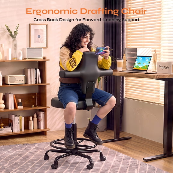 Pinmoco Drafting Chair with Backrest, Tall Office Chair with Footrest Ring for Standing Desk, PU Leather Executive Chair with Adjustable Height for Home, Salon, Black