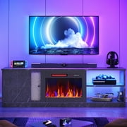 Pinmoco Electric Fireplace TV Stand for TVs up to 70", LED Entertainment Center With Cabinet & Shelves, TV Media Console Table for Living Room, Bedroom, Black Marble