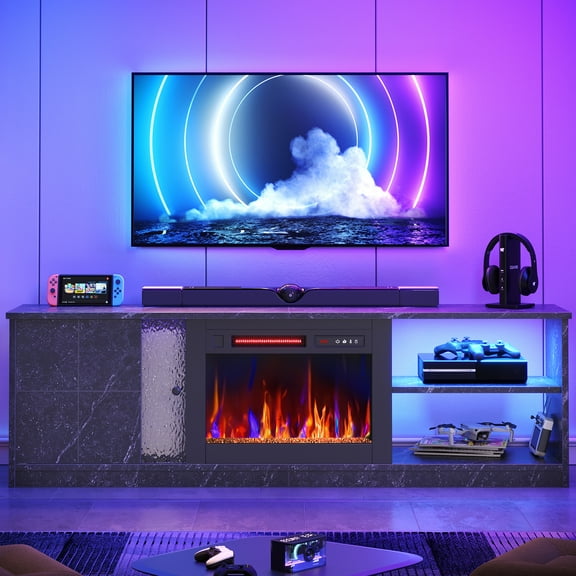 Pinmoco Electric Fireplace TV Stand for TVs up to 70", LED Entertainment Center With Cabinet & Shelves, TV Media Console Table for Living Room, Bedroom, Black Marble