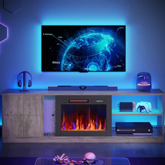 Pinmoco Electric Fireplace TV Stand for TVs up to 70", LED Entertainment Center With Cabinet & Shelves, TV Media Console Table for Living Room, Bedroom, Gray