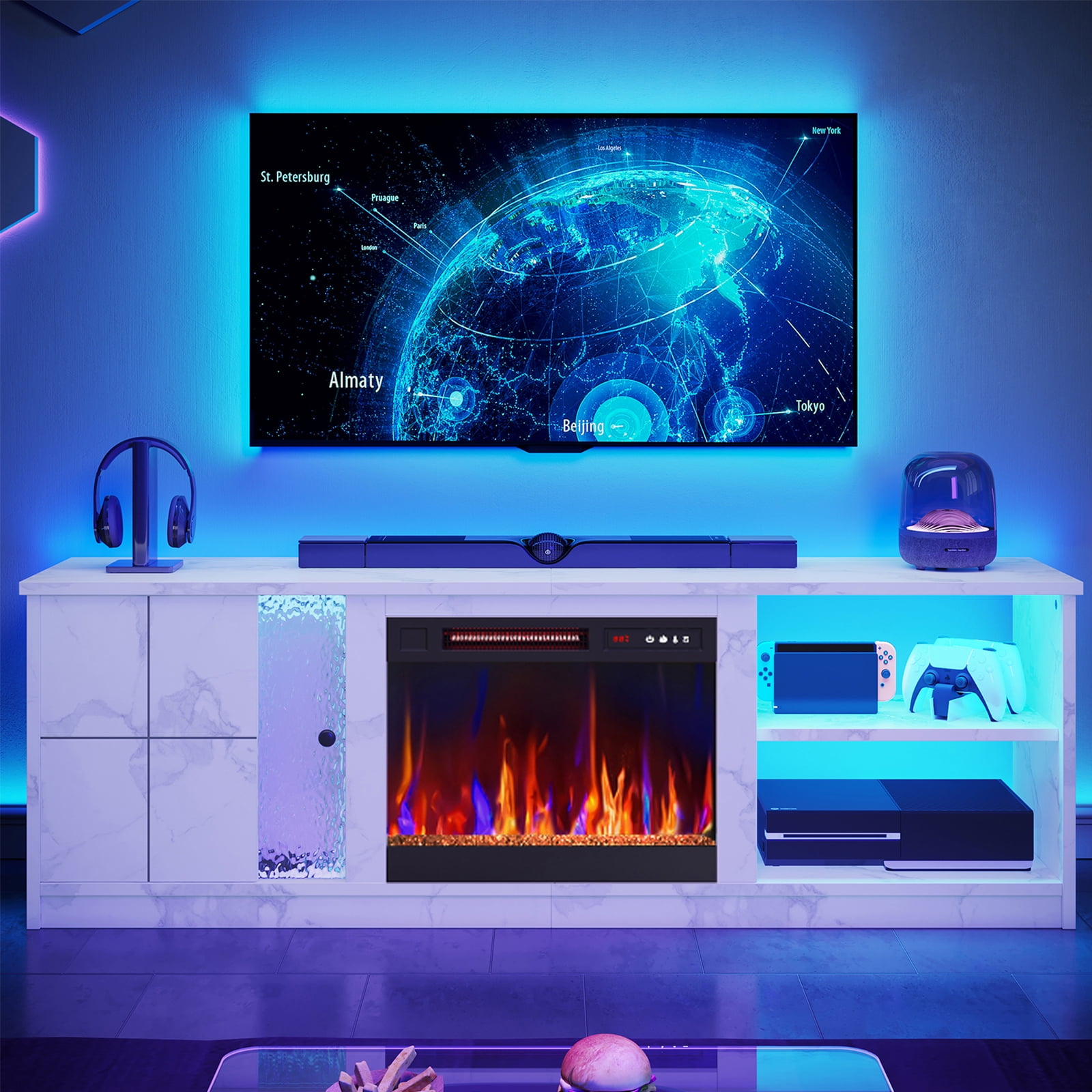 Pinmoco Electric Fireplace TV Stand for TVs up to 70", LED Entertainment Center With Cabinet & Shelves, TV Media Console Table for Living Room, Bedroom, White Marble