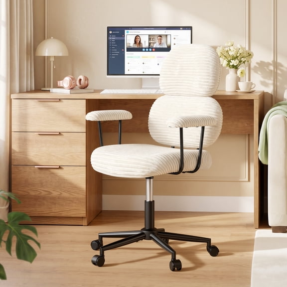 Pinmoco Ergonomic Office Chair, Corduroy Swivel Desk Chair with Armrest, Height Adjustable Task Computer Chair for WFH Home Office, Beige