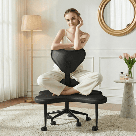 Pinmoco Cross Legged Office Chair, Black PU Leather Ergonomic Criss Cross Swivel Desk Chair, Comfy Task Chair for Home Office, Gaming& Meditation, Armless