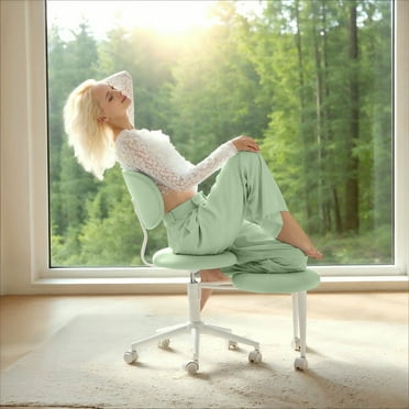 Pinmoco Leather Ergonomic Cross Legged Swivel Chair, Adjustable Height and Egg- Shaped, Meditation& ADHD Chair with Back Support, Home and Office, Macaron Green
