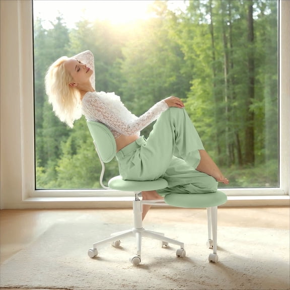 Pinmoco Ergonomic Criss Cross Chair with Wheels, Swivel Armless PU Leather Office Chair, Wide Seat Vanity Chair, Sage Green