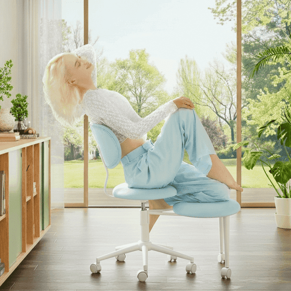 Pinmoco Ergonomic Criss Cross Chair with Wheels, Swivel Armless PU Leather Office Chair, Wide Seat Vanity Chair, Blue