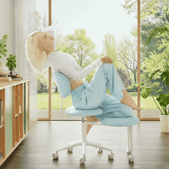 Pinmoco Ergonomic Criss Cross Chair with Wheels, Swivel Armless PU Leather Office Chair, Wide Seat for Meditation & ADHD, Blue