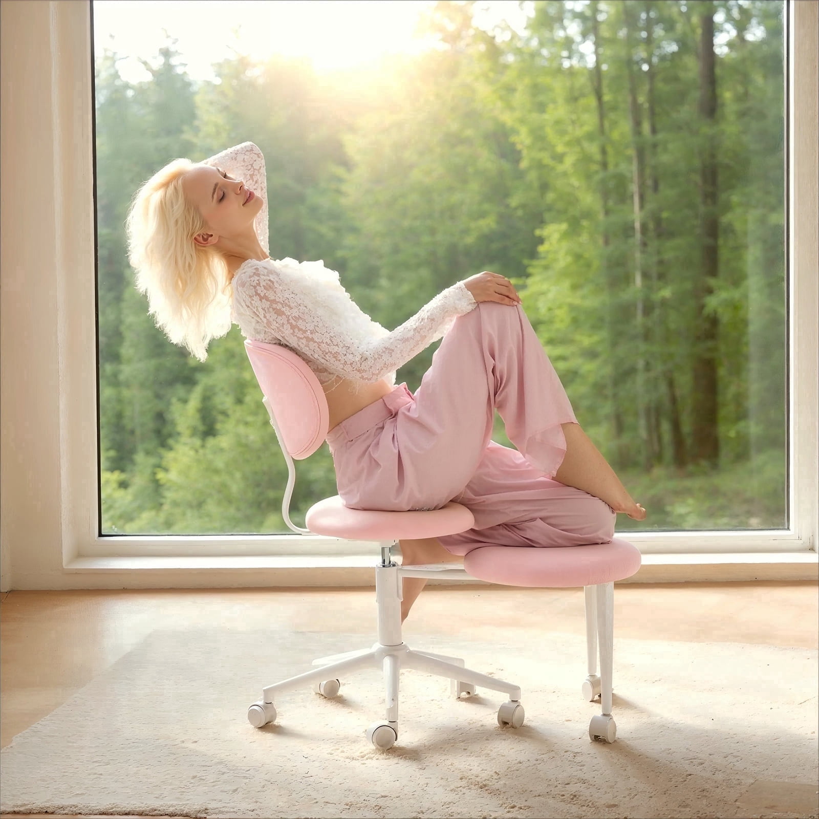 Pinmoco Ergonomic Criss Cross Chair with Wheels, Swivel Armless PU Leather Office Chair, Wide Seat Vanity Chair, Blush Pink