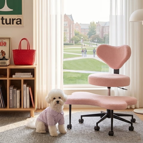 Pinmoco Cross Legged Office Chair, Pink Teddy Fabric Cute Ergonomic Swivel Vanity Chair, Heavy Duty Wide Seat for Bedroom & Home Office, Armless
