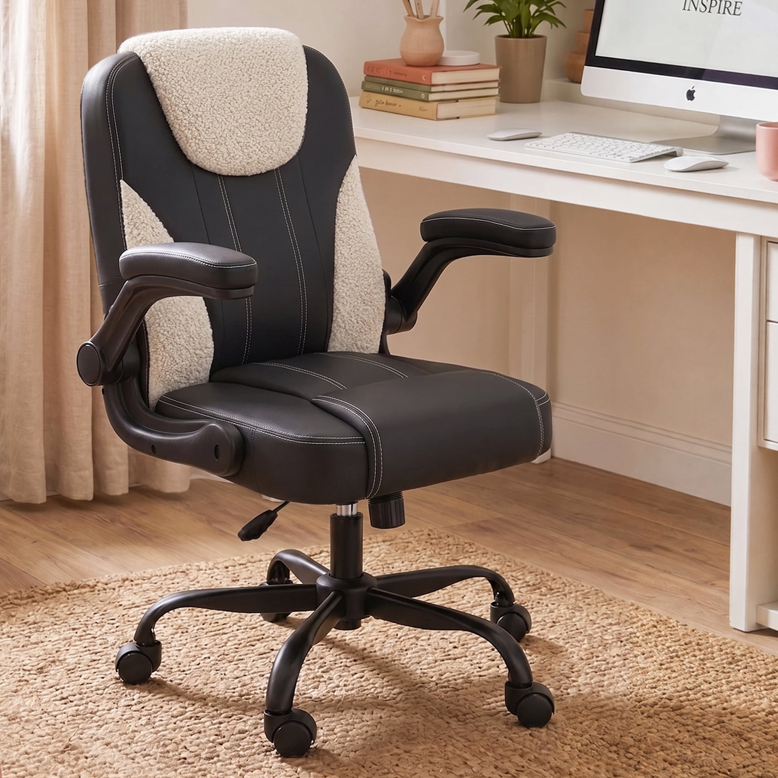 Pinmoco Ergonomic PU Leather Office Chair, High Back Executive Computer Desk Chair with Double-Layer Cushion, Swivel Gaming Chair with Wheels and Flip-Up Armrests, Black White