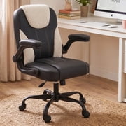 Pinmoco Ergonomic PU Leather Office Chair, High Back Executive Computer Desk Chair with Double-Layer Cushion, Swivel Gaming Chair with Wheels and Flip-Up Armrests, Black White