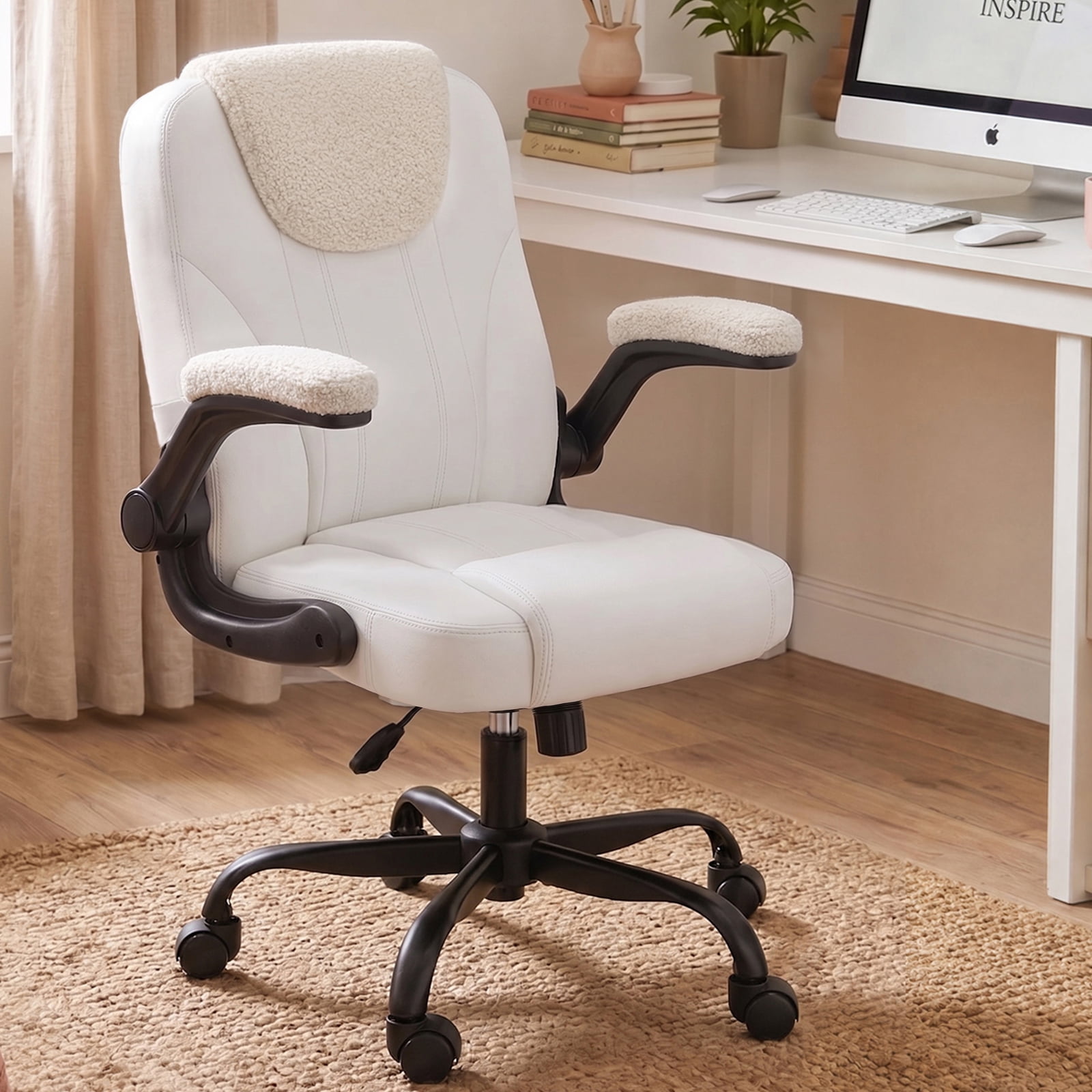Pinmoco Ergonomic PU Leather Office Chair, High Back Executive Computer Desk Chair with Double-Layer Cushion, Swivel Gaming Chair with Wheels and Flip-Up Armrests, Off White