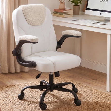 Pinmoco Ergonomic PU Leather Office Chair, High Back Executive Computer Desk Chair with Double-Layer Cushion, Swivel Gaming Chair with Wheels and Flip-Up Armrests, Off White