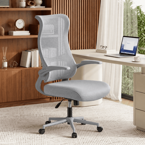 Pinmoco Ergonomic Mesh Back Office Chair with Flip-Up Arms, Adjustable Height and Tilt Function, Colorful Home Office Desk Chair, Grey