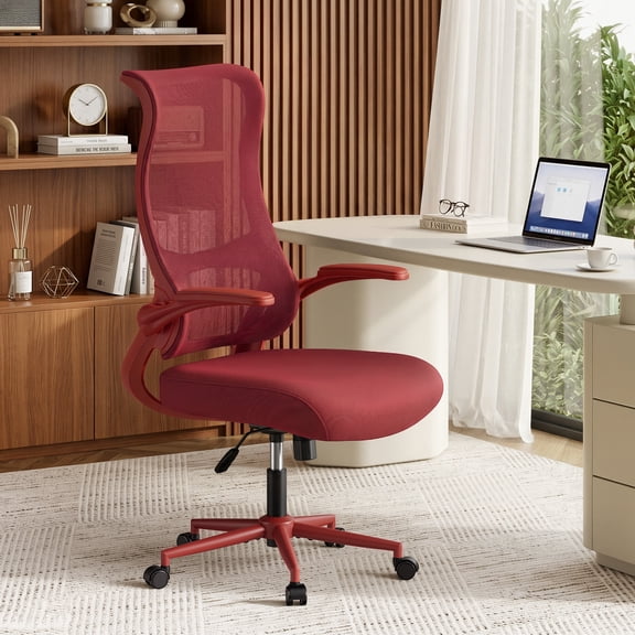 Pinmoco Ergonomic Mesh Back Office Chair with Flip-Up Arms, Adjustable Height and Tilt Function, Rolling Home Office Desk Chair, Red