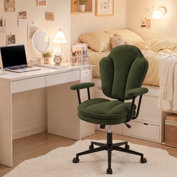 Pinmoco Ergonomic Teddy Velvet Office Chair, Tulip Petal Competer Desk Chair with Padded Arms for Adults, 300 lbs Capacity, Olive Green