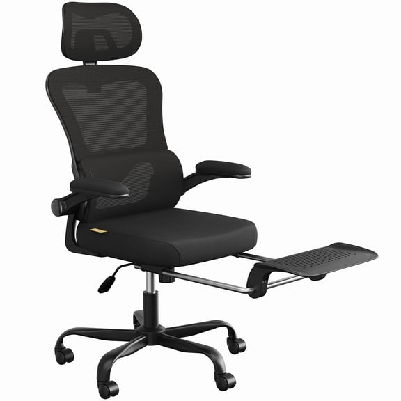 Pinmoco Ergonomic Office Chair with Footrest, High Back Mesh Desk Chair with Flip-up Arms and Lumbar Support, Black Mesh