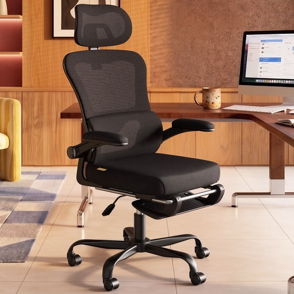 Pinmoco Ergonomic Office Chair with Footrest, High Back Mesh Desk Chair with Flip-up Arms and Lumbar Support, Black Mesh