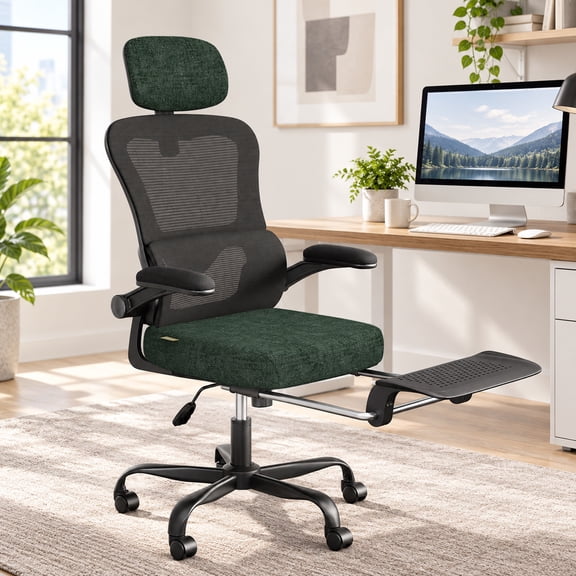 Pinmoco Ergonomic Office Chair with Footrest, High Back Mesh Desk Chair with Flip-up Arms and Lumbar Support, Starry Green