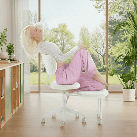 Pinmoco Ergonomic Criss Cross Chair with Wheels, Swivel Armless Sherpa Office Chair, Wide Seat Vanity Chair, Off-White