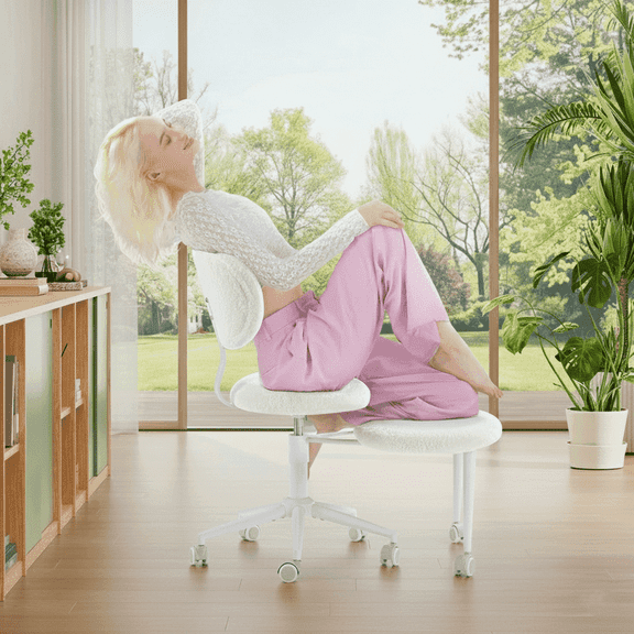 Pinmoco Ergonomic Criss Cross Chair with Wheels, Swivel Armless Sherpa Office Chair, Wide Seat Vanity Chair, Off-White