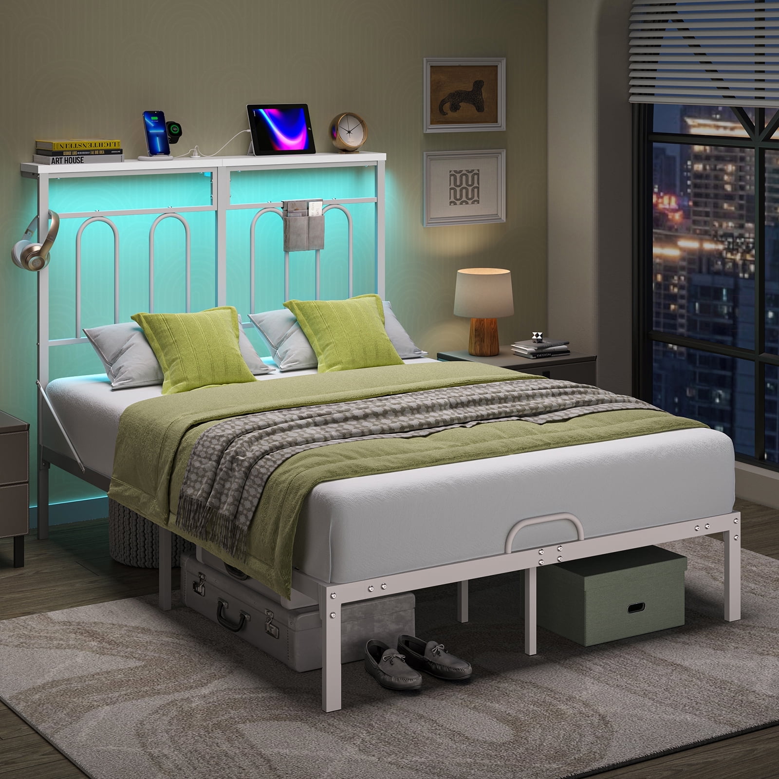 Pinmoco Full Size Bed Frame with 49.2" High LED Storage Headboard Shelf, Metal Platform Bed with Charging Station, White